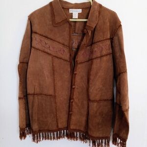 Dressbarn Brown Leather Jacket with Fringe and Stitching